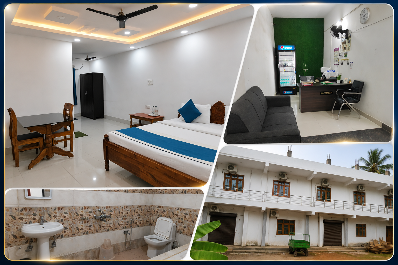 Inside Maa Gouri Guest House — rooms, reception, bathroom and building